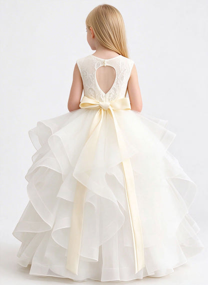 Floryme A-line Scoop Tulle Lace Floor-Length Flower Girl Dress