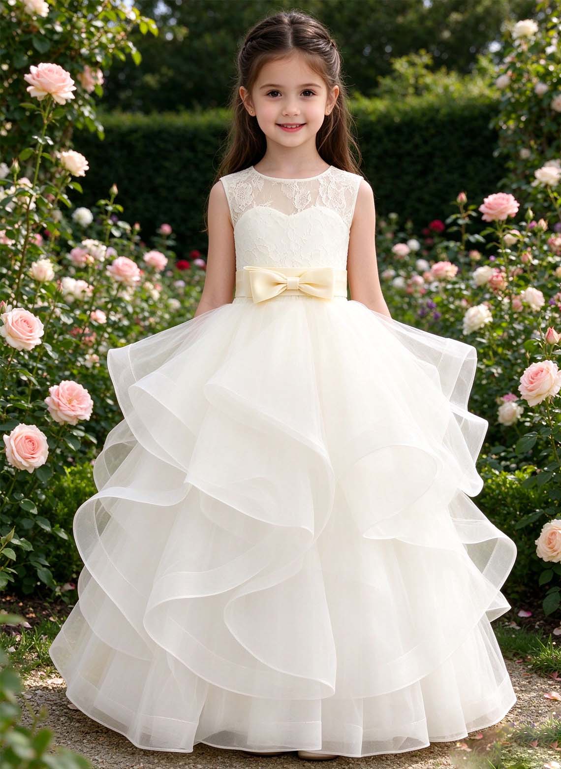 Floryme A-line Scoop Tulle Lace Floor-Length Flower Girl Dress