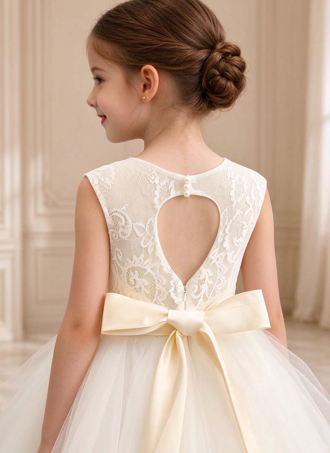 Floryme A-line Scoop Tulle Lace Floor-Length Flower Girl Dress