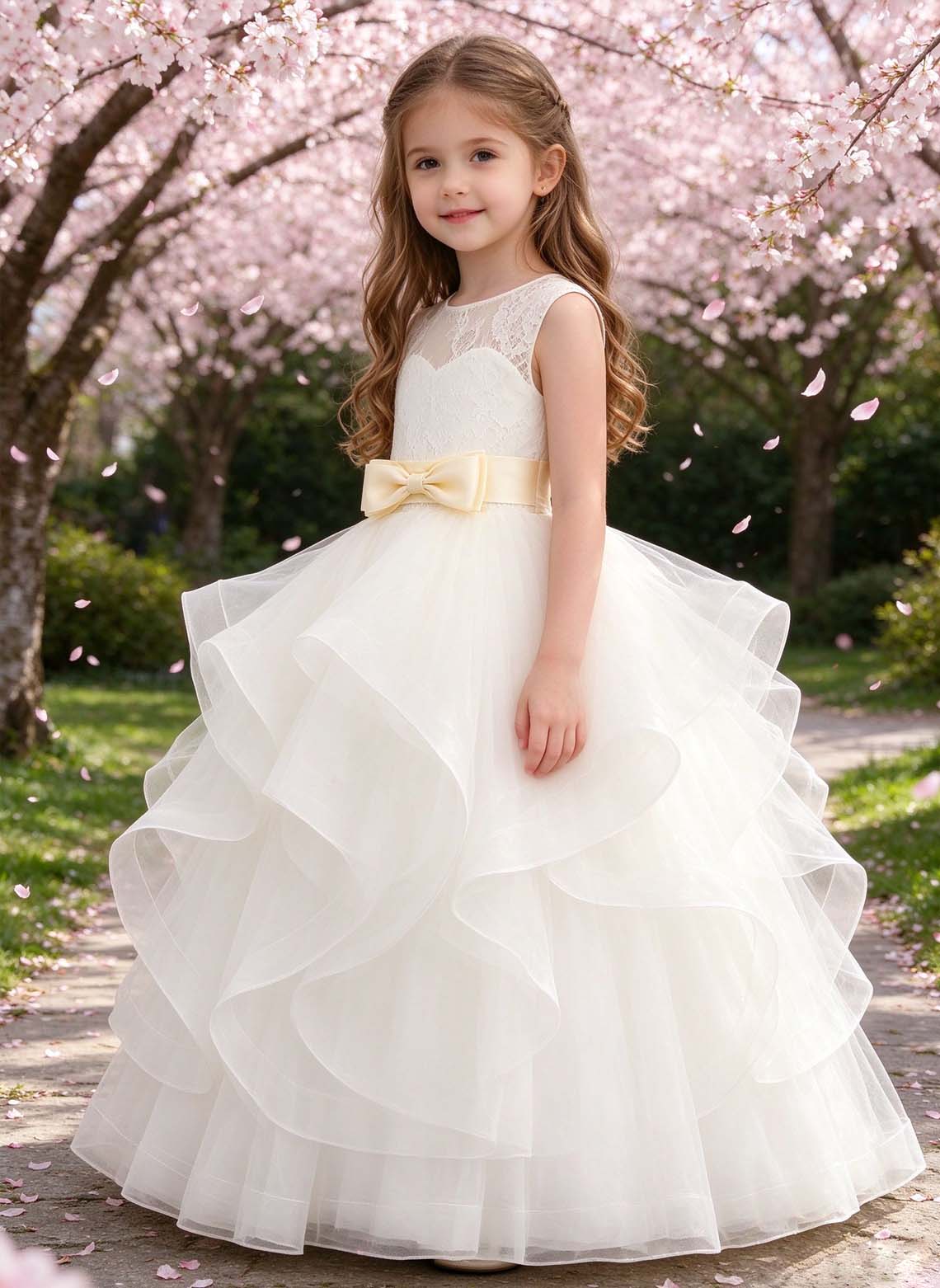 Floryme A-line Scoop Tulle Lace Floor-Length Flower Girl Dress