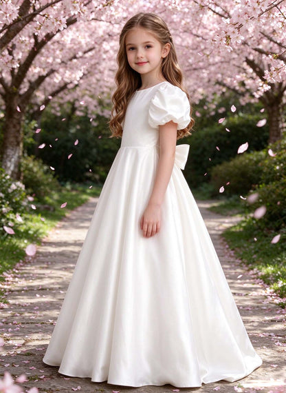 Floryme Classic White Satin A-Line Dress for First Communion