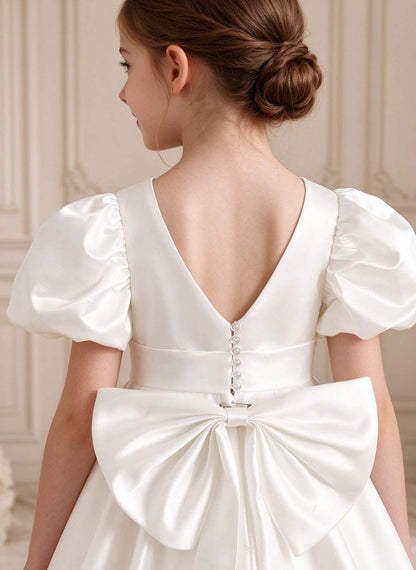 Floryme Classic White Satin A-Line Dress for First Communion