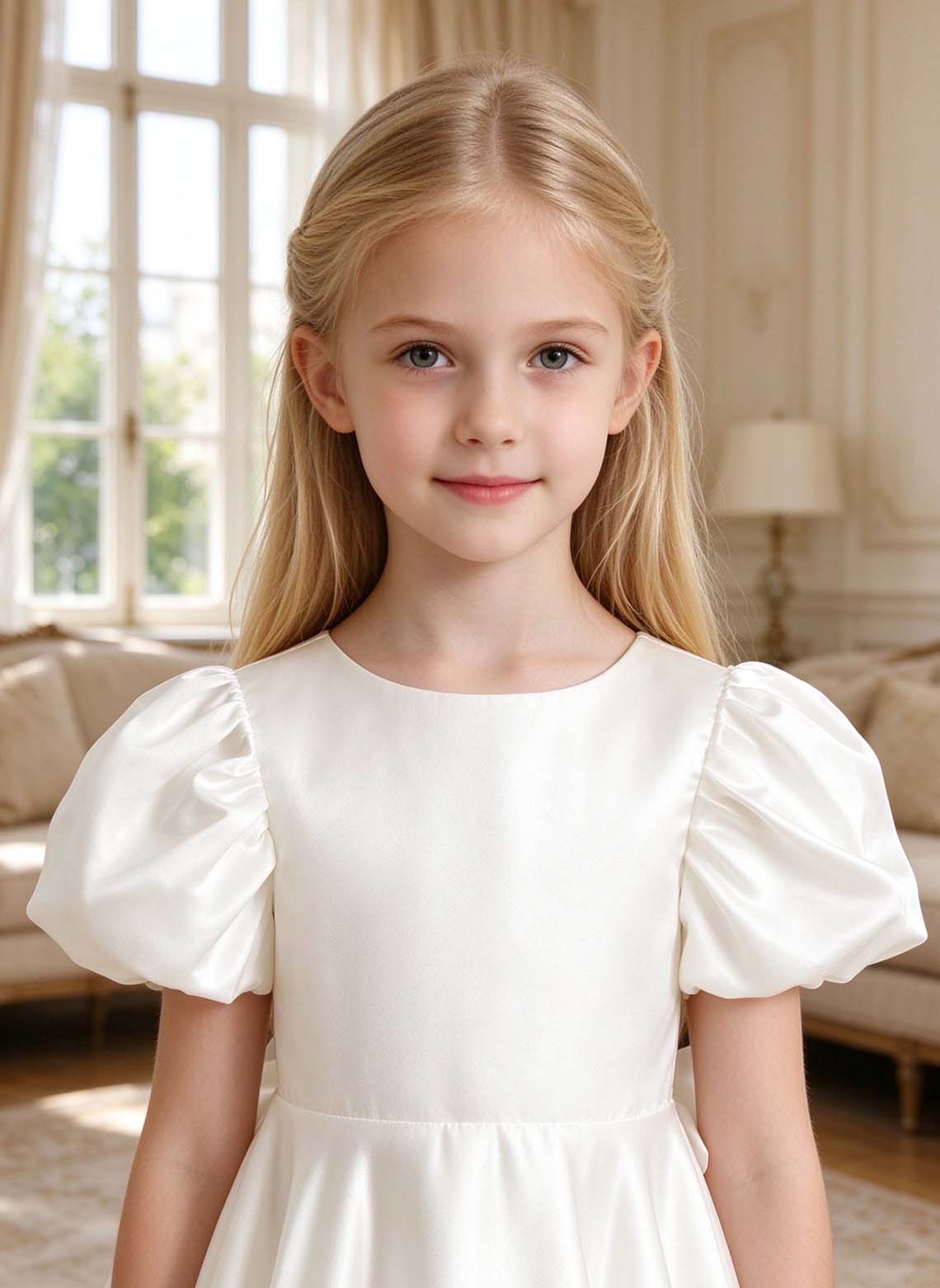 Floryme Classic White Satin A-Line Dress for First Communion