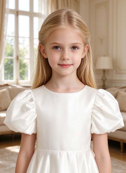 Floryme Classic White Satin A-Line Dress for First Communion