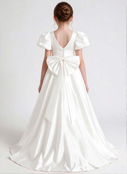 Floryme Classic White Satin A-Line Dress for First Communion