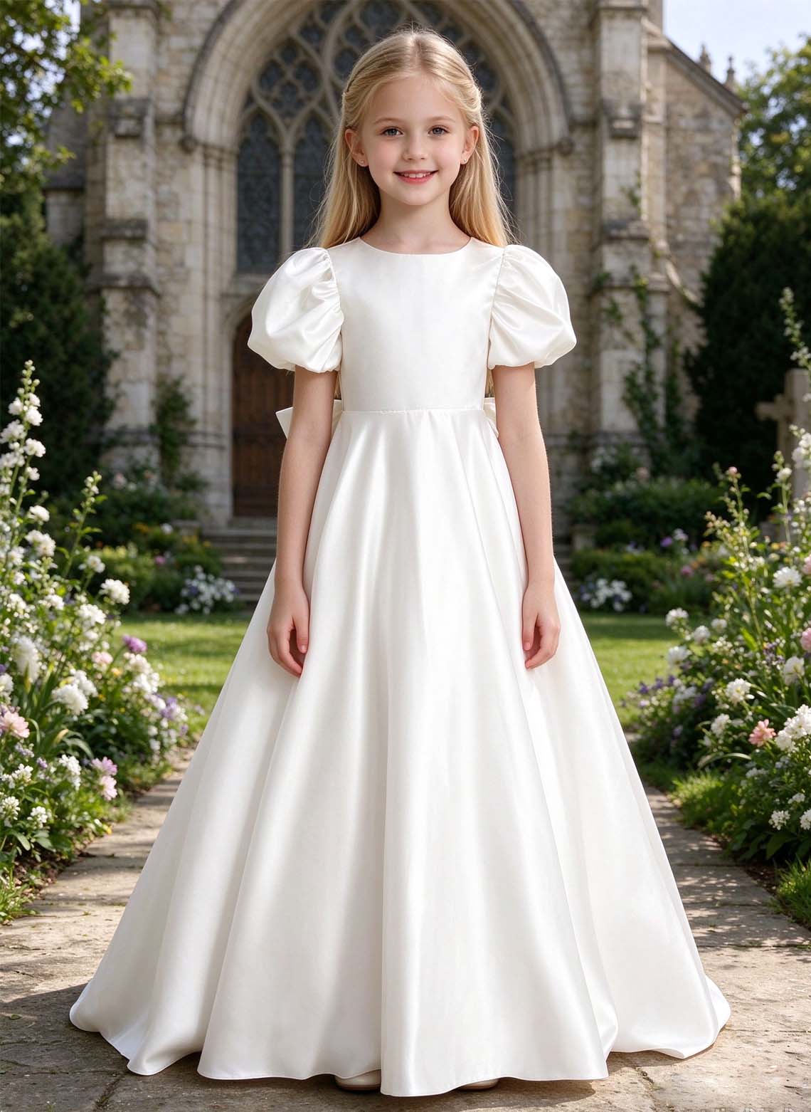 Floryme Classic White Satin A-Line Dress for First Communion