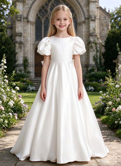 Floryme Classic White Satin A-Line Dress for First Communion