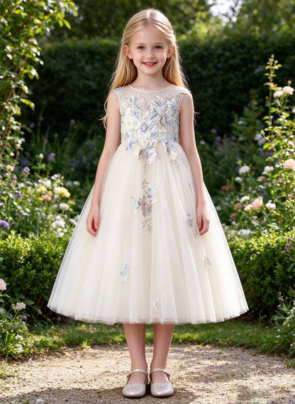 Floryme A-line Scoop Lace Tulle Tea-Length Flower Girl Dress