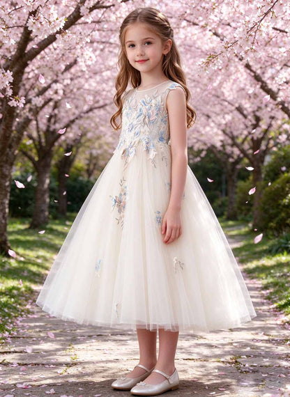 Floryme A-line Scoop Lace Tulle Tea-Length Flower Girl Dress