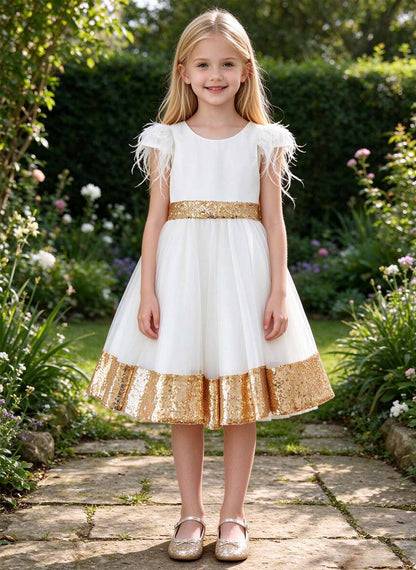 Floryme A-line Scoop Tulle Satin Knee-Length Flower Girl Dress
