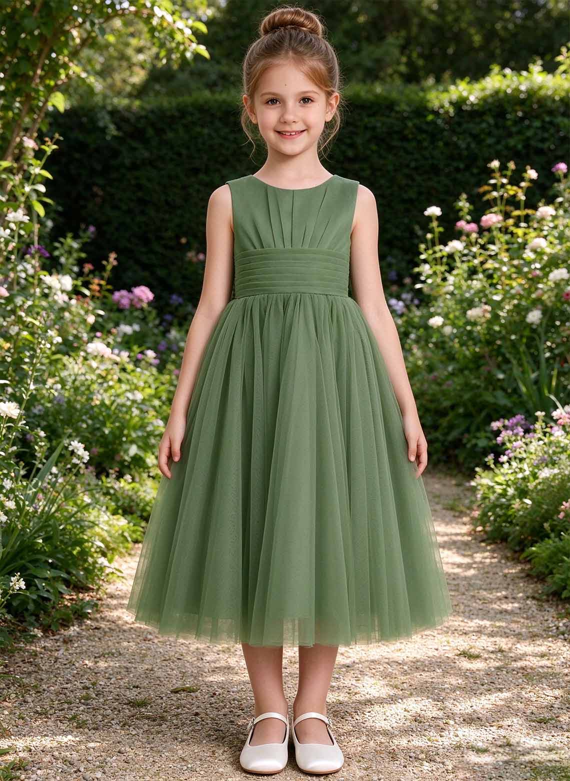 Floryme A-line Scoop Tulle Tea-Length Flower Girl Dress