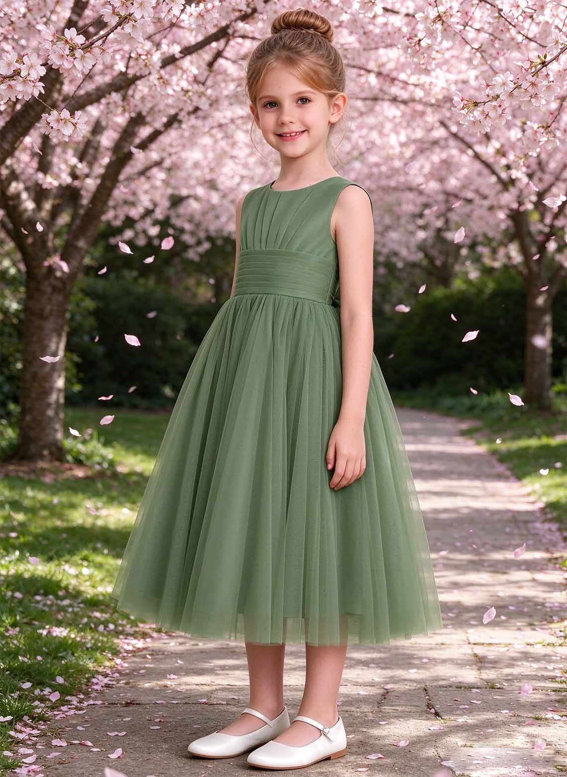 Floryme A-line Scoop Tulle Tea-Length Flower Girl Dress
