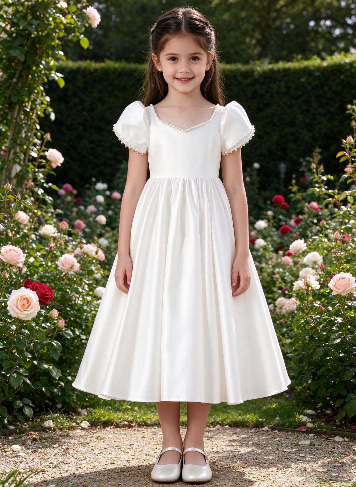Floryme A-line Square Satin Tea-Length Flower Girl Dress