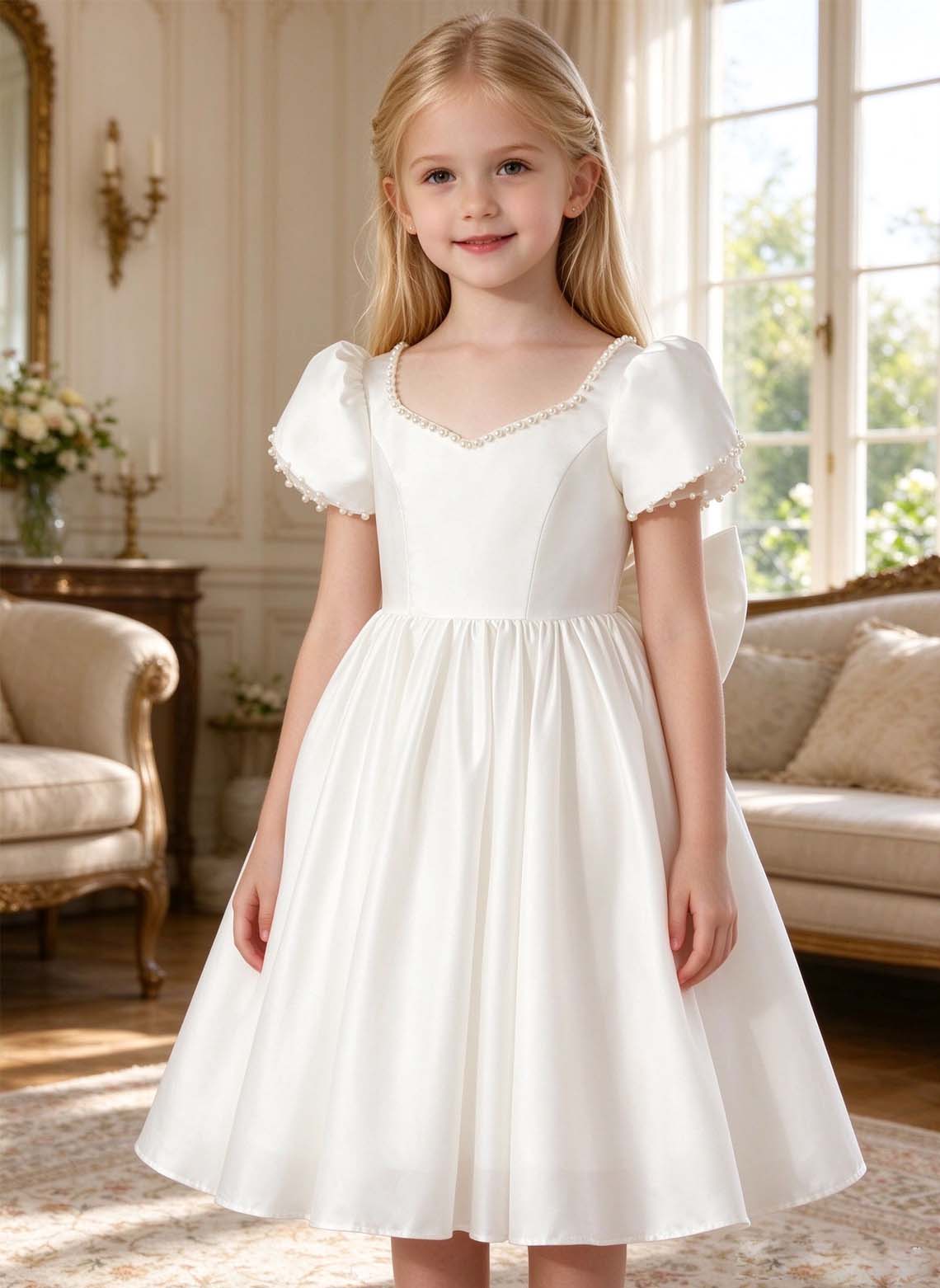 Floryme A-line Square Satin Tea-Length Flower Girl Dress