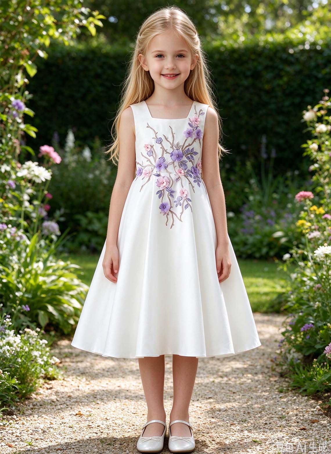 Floryme A-line Square Neck Satin Tea-Length Flower Girl Dress