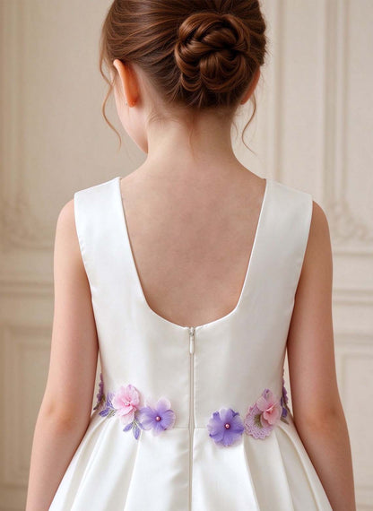 Floryme A-line Square Neck Satin Tea-Length Flower Girl Dress