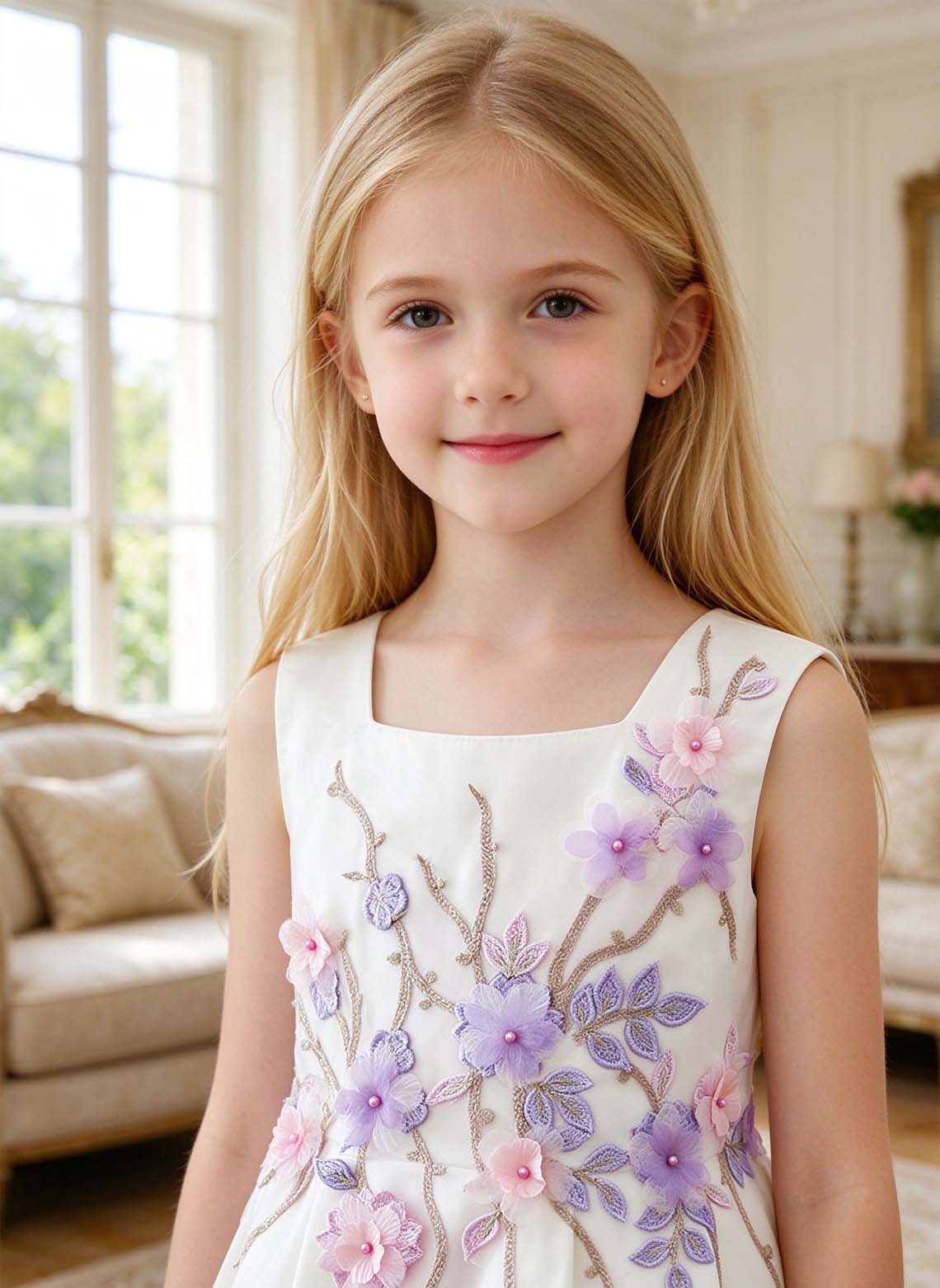 Floryme A-line Square Neck Satin Tea-Length Flower Girl Dress