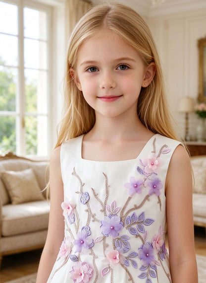 Floryme A-line Square Neck Satin Tea-Length Flower Girl Dress