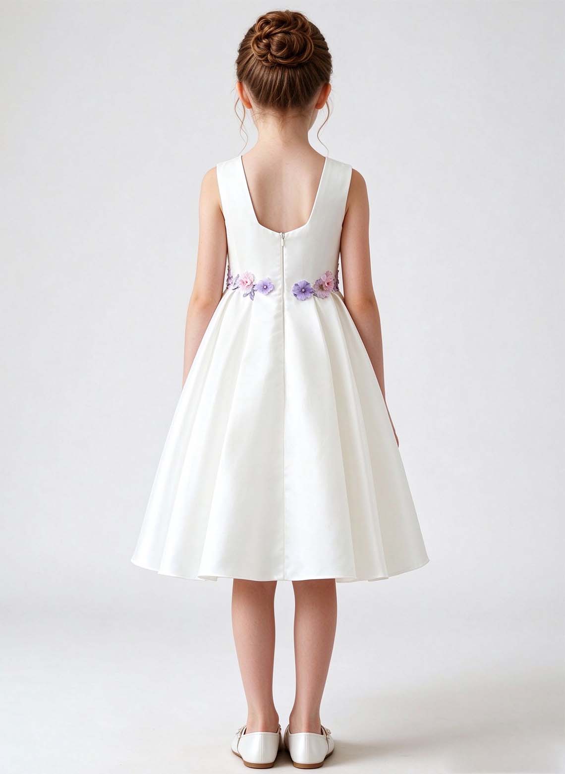 Floryme A-line Square Neck Satin Tea-Length Flower Girl Dress