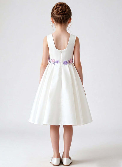 Floryme A-line Square Neck Satin Tea-Length Flower Girl Dress