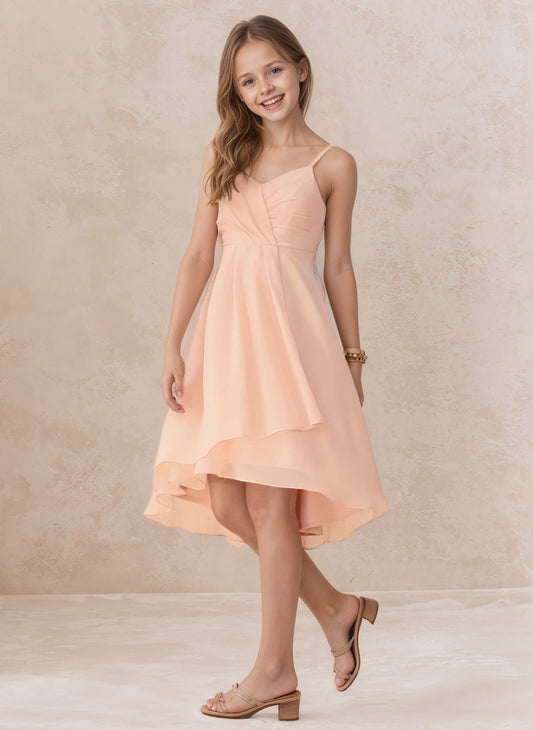 Floryme A-line V-Neck Chiffon Asymmetrical Junior Bridesmaid Dress