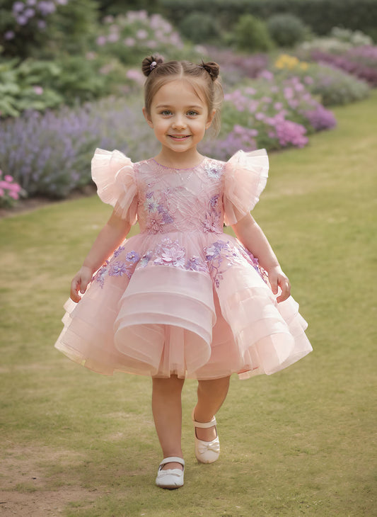 Floryme Puffy Sleeves Tulle Knee-length Baby Girl Birthday Dress