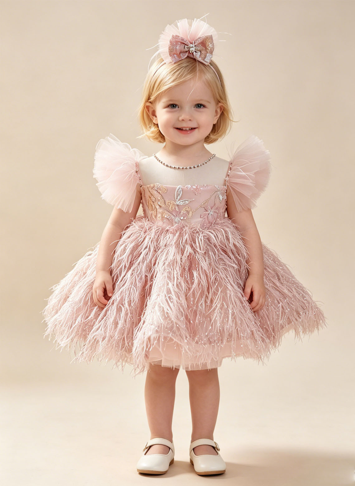 Floryme Puffy Sleeves Tulle Knee-length Toddler Birthday Dress