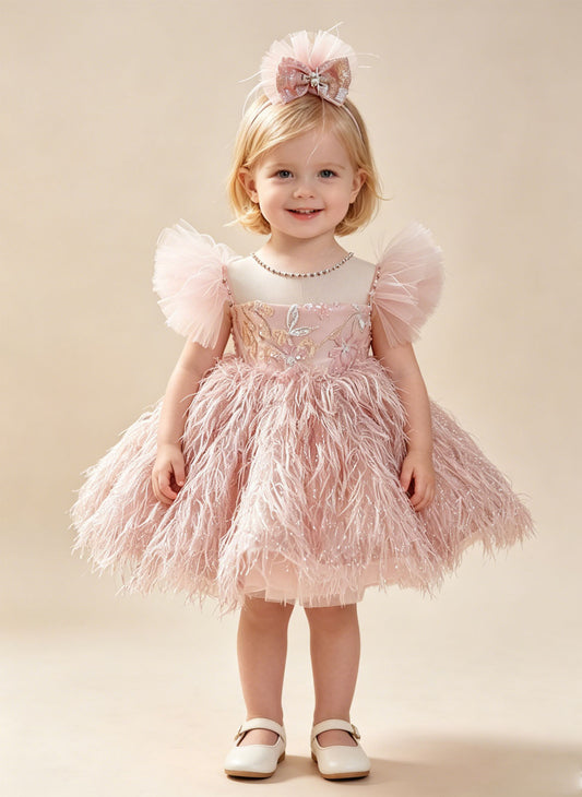 Floryme Puffy Sleeves Tulle Knee-length Toddler Birthday Dress