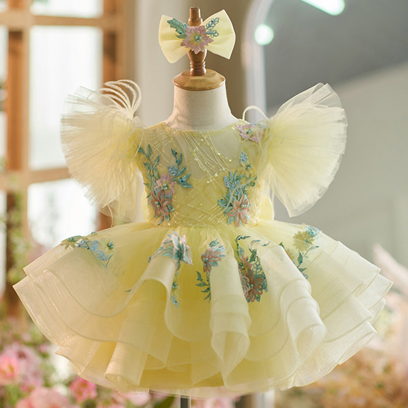 Floryme Puffy Sleeves Tulle Knee-length Toddler Birthday Dress
