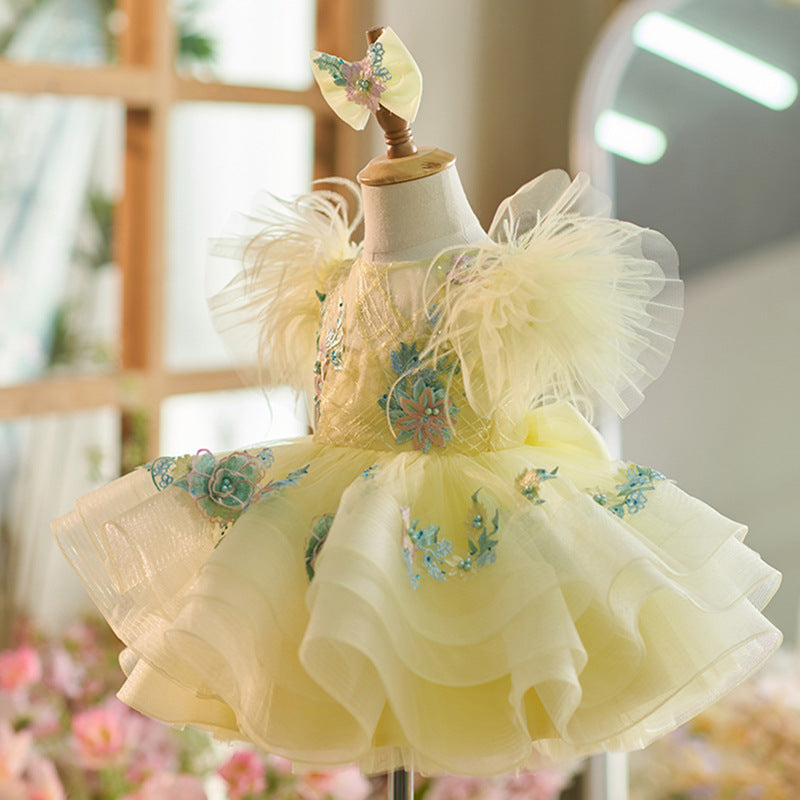 Floryme Puffy Sleeves Tulle Knee-length Toddler Birthday Dress