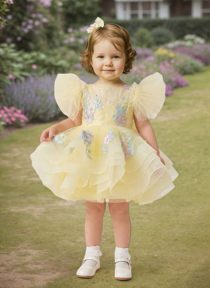 Floryme Puffy Sleeves Tulle Knee-length Toddler Birthday Dress