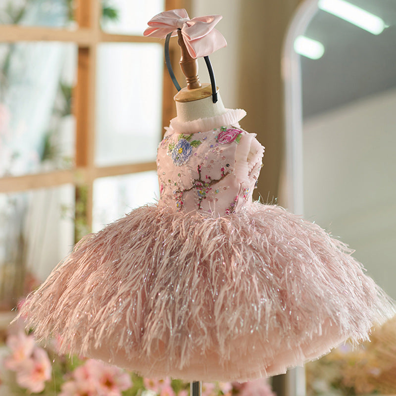 Floryme Floral Knee-length Baby Girl Birthday Dress with Headband