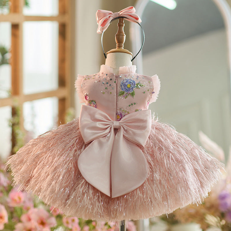 Floryme Floral Knee-length Baby Girl Birthday Dress with Headband