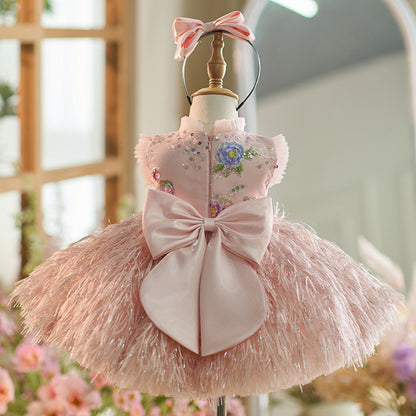 Floryme Floral Knee-length Baby Girl Birthday Dress with Headband