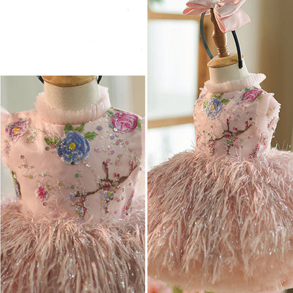 Floryme Floral Knee-length Baby Girl Birthday Dress with Headband