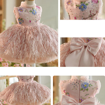 Floryme Floral Knee-length Baby Girl Birthday Dress with Headband