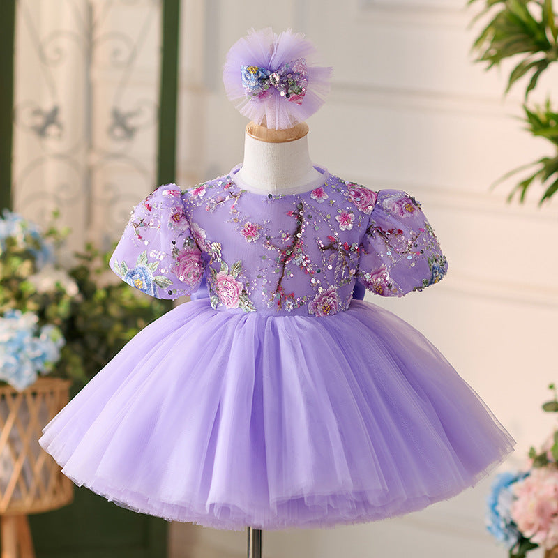Floryme Floral Embroidery Knee-length Baby Girl Birthday Dress