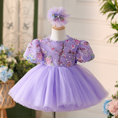 Floryme Floral Embroidery Knee-length Baby Girl Birthday Dress
