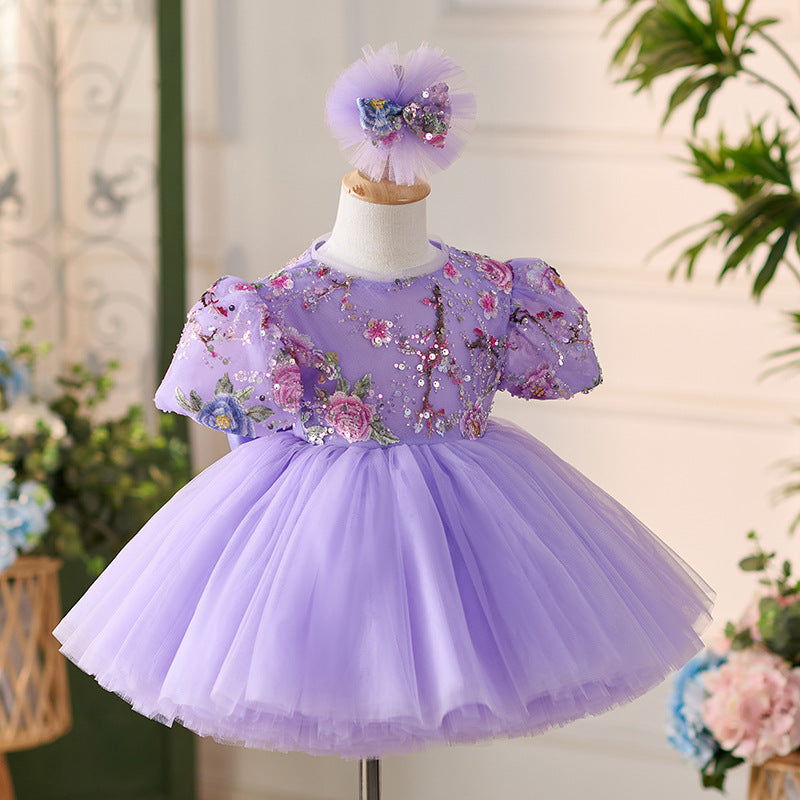 Floryme Floral Embroidery Knee-length Baby Girl Birthday Dress