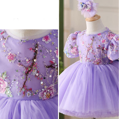 Floryme Floral Embroidery Knee-length Baby Girl Birthday Dress