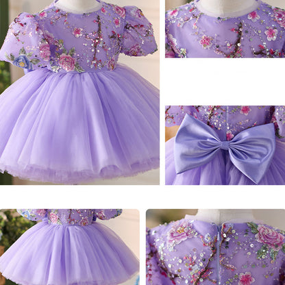 Floryme Floral Embroidery Knee-length Baby Girl Birthday Dress