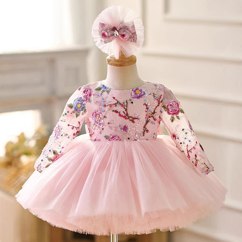 Floryme Embroidery Long Sleeves Knee-length Baby Girl Birthday Dress