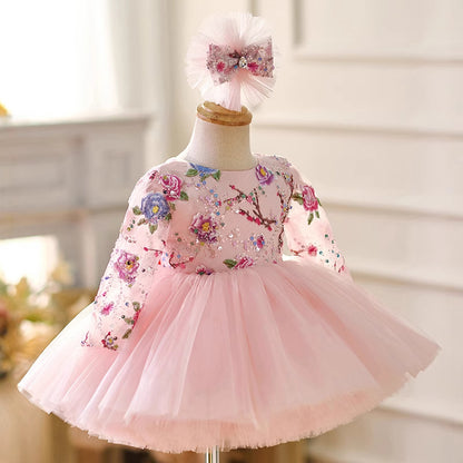 Floryme Embroidery Long Sleeves Knee-length Baby Girl Birthday Dress