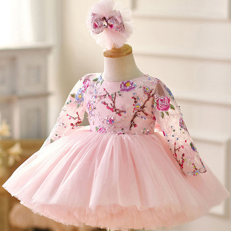 Floryme Embroidery Long Sleeves Knee-length Baby Girl Birthday Dress