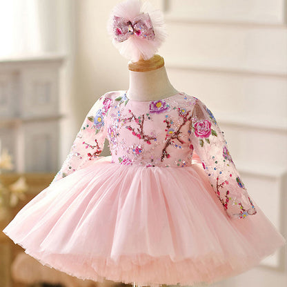 Floryme Embroidery Long Sleeves Knee-length Baby Girl Birthday Dress