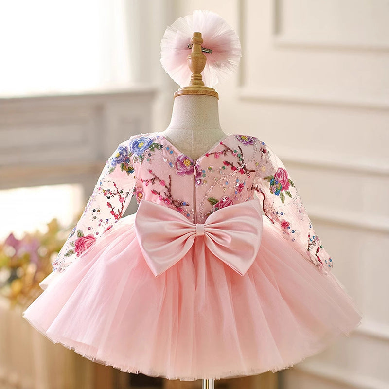 Floryme Embroidery Long Sleeves Knee-length Baby Girl Birthday Dress