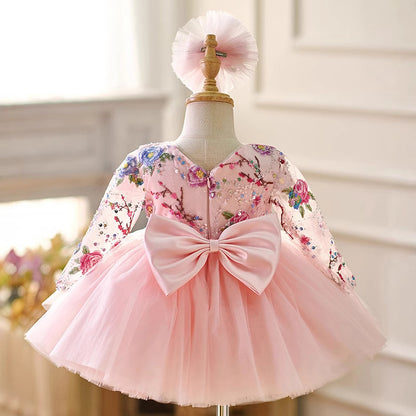 Floryme Embroidery Long Sleeves Knee-length Baby Girl Birthday Dress