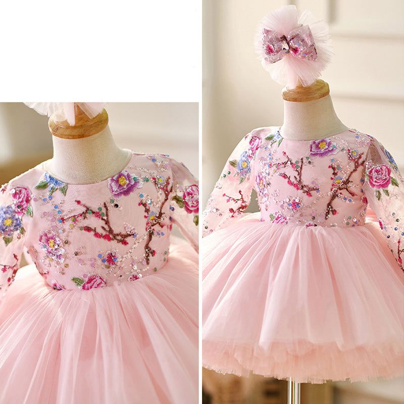 Floryme Embroidery Long Sleeves Knee-length Baby Girl Birthday Dress