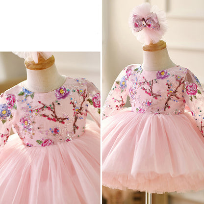 Floryme Embroidery Long Sleeves Knee-length Baby Girl Birthday Dress