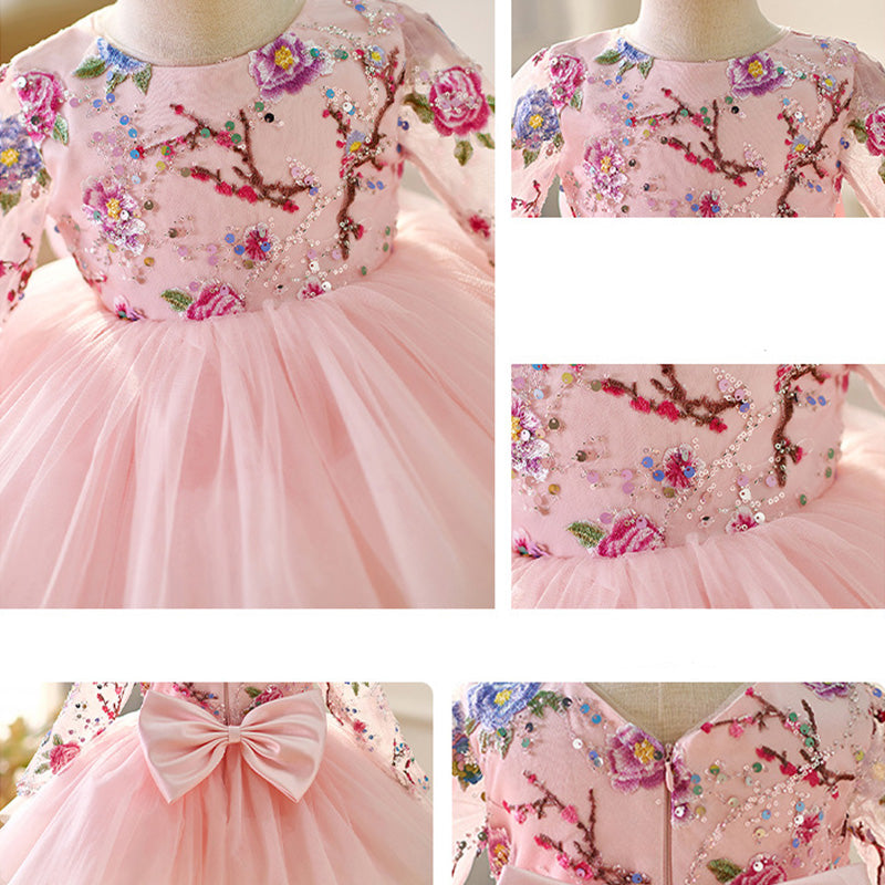 Floryme Embroidery Long Sleeves Knee-length Baby Girl Birthday Dress